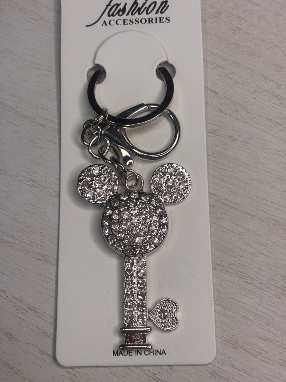 Silver Crystal Key & Mouse Charm Keychain